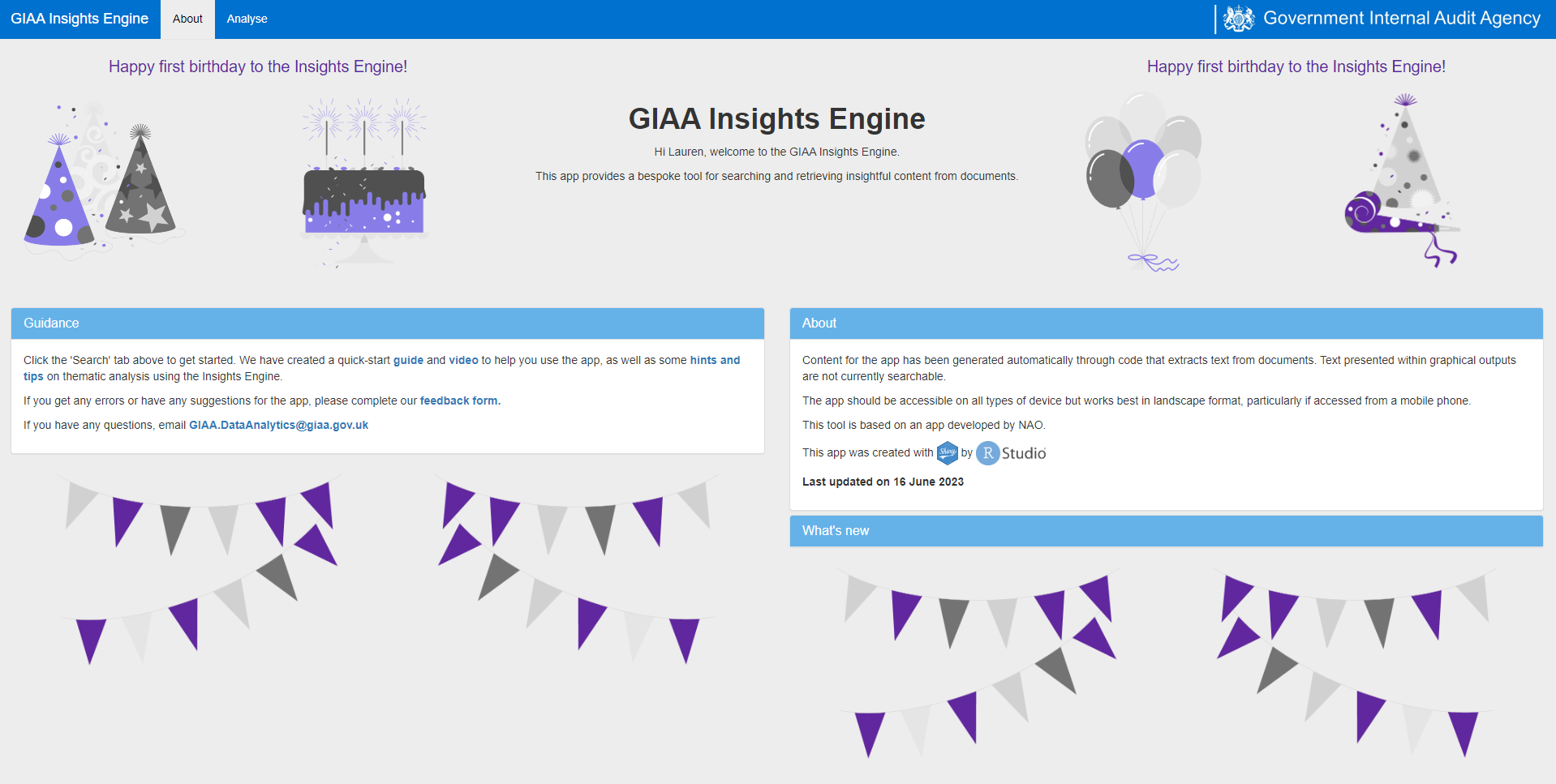 Screenshot of the GIAA insights engine with images of celebration